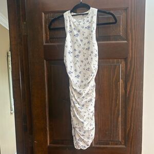 White Midi Dress with Blue Floral Print and Ruched Side